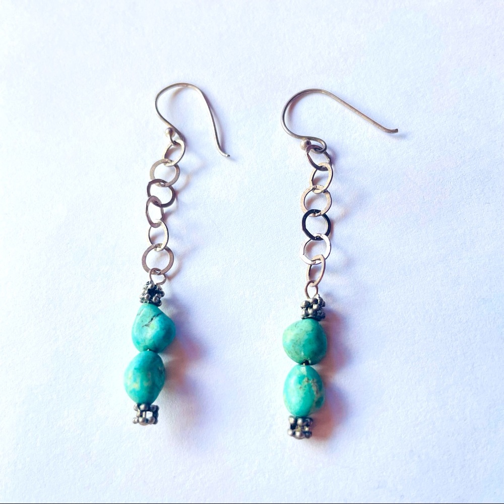 S925 and Turquoise Nugget Drop Earrings on delicate Silver link chain